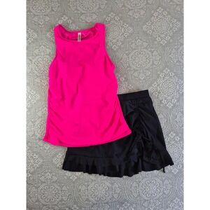 Daci Women's Neon Pink Tankini Top and Black Ruffle Swim Skirt Set Size M NEW